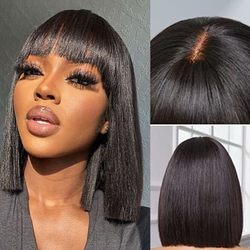 [BOGO] Straight Bob Wig with Bangs Blunt Cut 220% Desnity Glueless Human Hair Bob Wigs Beginner Friendly Special Offer