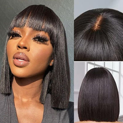 Glueless Human Hair Wigs with Bangs Straight Bob 2x4 HD Lace Wigs With Bangs