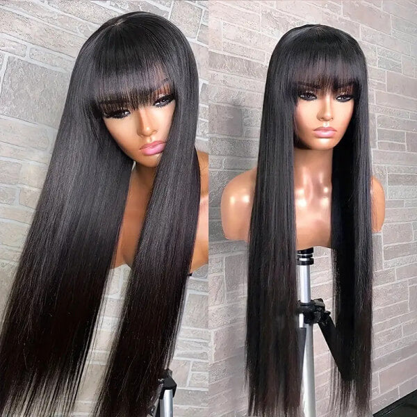 Straight Wig With Bangs Natural Color Top Lace Straight Human Hair Glueless Wig
