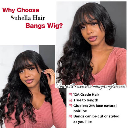 Body Wave Wig Top Lace Wig With Bangs Glueless Wigs 100% Human Hair| Beginner Friendly