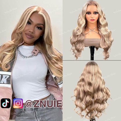 Curtain Bangs Blonde Hair With Highlights Wig Body Wave Glueless HD Lace Human Hair Wigs