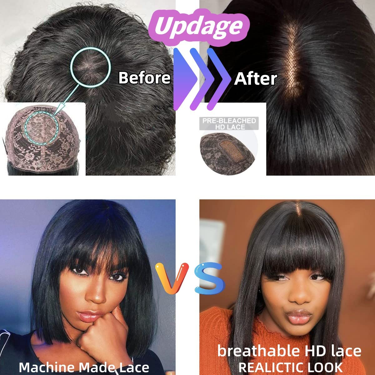 Glueless Human Hair Wigs with Bangs Straight Bob 2x4 HD Lace Wigs With Bangs
