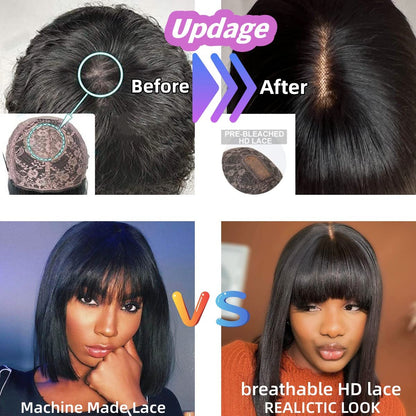 Glueless Human Hair Wigs with Bangs Straight Bob 2x4 HD Lace Wigs With Bangs