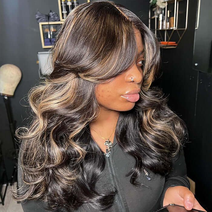 Highlight Honey Blonde Lace Wig  Curtain Bangs Wigs Colored Body Wave Human Hair Wig 13x4/5x5 HD Lace Closure Wigs