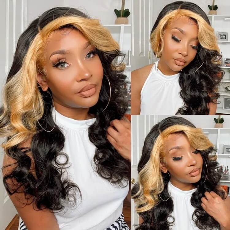 Skunk Stripe Wig with Honey Blonde Highlights Body Wave 13*4 Human Hair Lace Frontal Wig