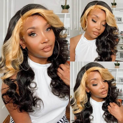 Skunk Stripe Wig with Honey Blonde Highlights Body Wave 13*4 Human Hair Lace Frontal Wig