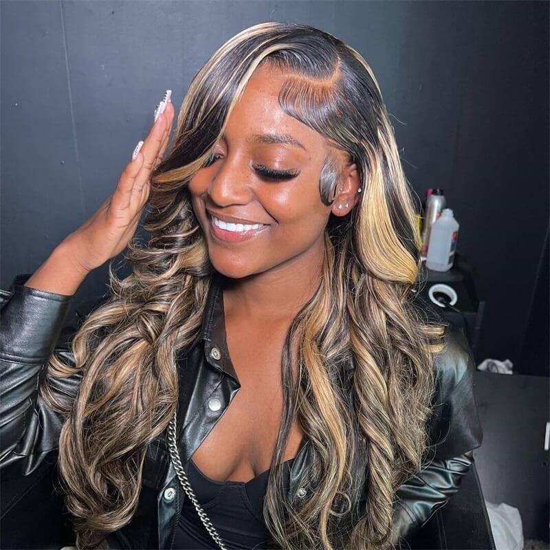 Balayage Highlight Wigs Colored HD Transaparent 13x4 Lace Frontal Wigs 1B/27 Body Wave Human Hair Wigs Free Part