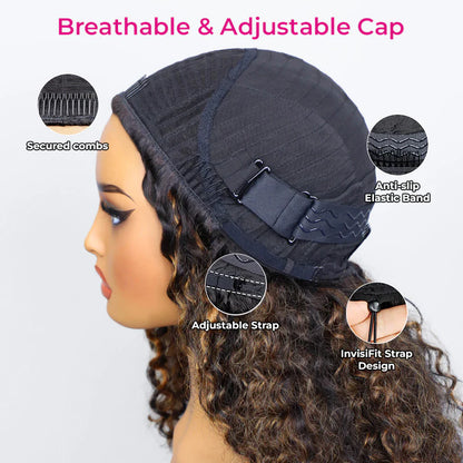 Balayage Highlight Ombre Brown Water Wave 3 In 1 Half Wig Drawstring Wear Go Wig Human Hair BGMgirl Hair